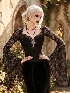 Gothic Black Lace Bell-Sleeve Blouse